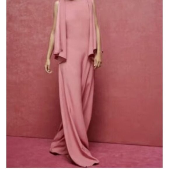 NWT Massimo Dutti Pink Wide  Leg Butterfly Sleeve Flowy Jumpsuit w Black Bow 2 - Picture 2 of 9